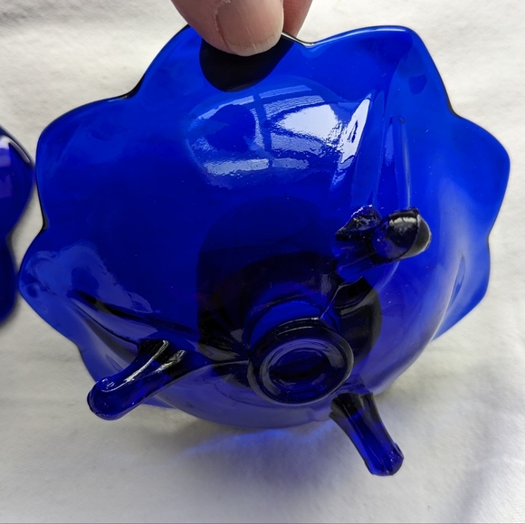 Vintage Fenton Cobalt Blue Glass 6 Petal 3 Footed Candle Holders - 2 - Picture 12 of 12